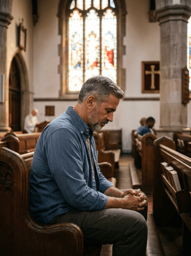 Man sitting in church pew with head bowed and hands clasped in prayer