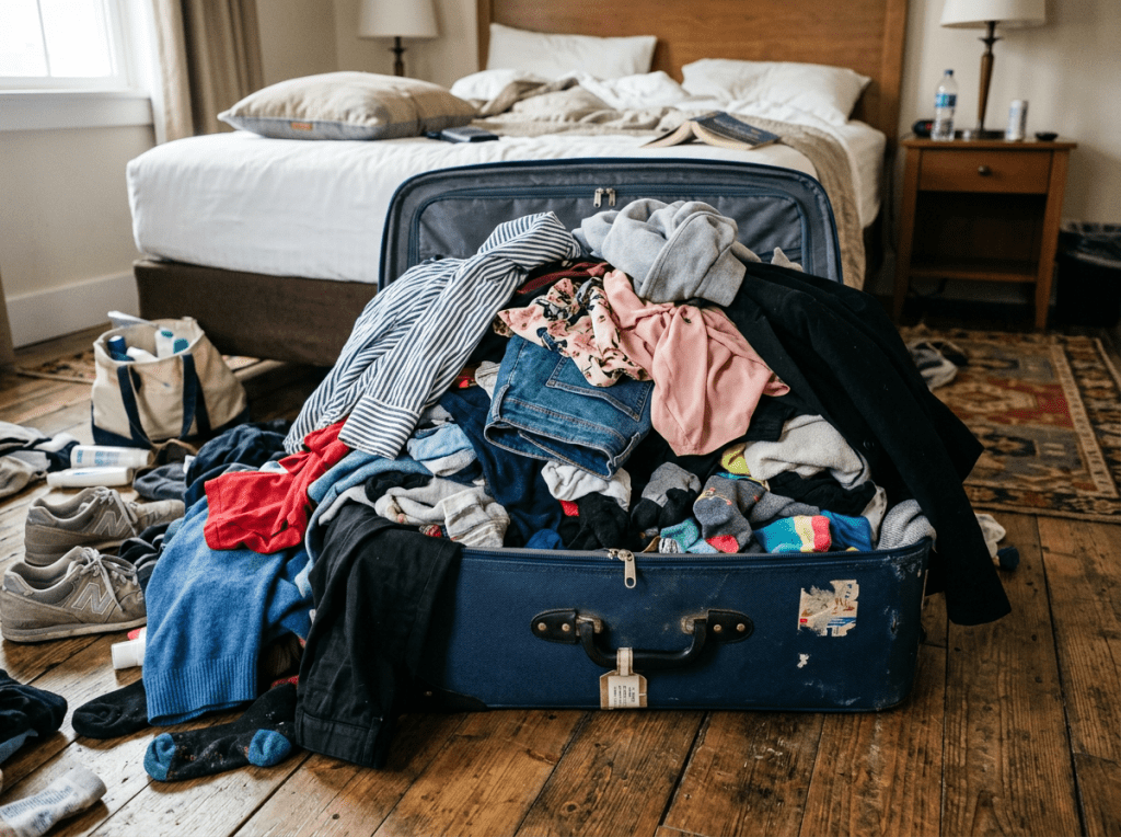Open suitcase overflowing with various clothes on wooden floor